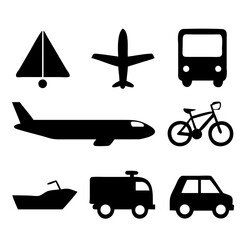 Vector illustration of simple monochromatic vehicle and transport related icons.Transportation and vehicle icons pack. Isolated transportation and vehicle symbols collection. Graphic icons element
