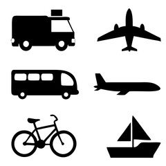 Vector illustration of simple monochromatic vehicle and transport related icons.Transportation and vehicle icons pack. Isolated transportation and vehicle symbols collection. Graphic icons element
