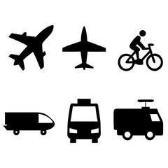 Vector illustration of simple monochromatic vehicle and transport related icons.Transportation and vehicle icons pack. Isolated transportation and vehicle symbols collection. Graphic icons element
