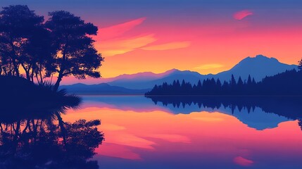 Colorful sunset reflected on tranquil lake, silhouetted trees and mountains.