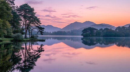 Serene lake reflections at dawn, painted in pastel hues.