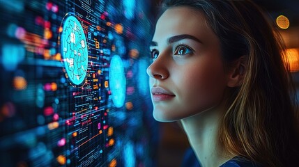 Person interacting with digital interface glowing network background