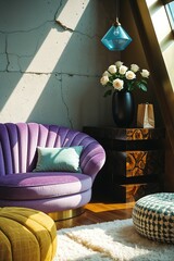 Generative AI, Neo art deco loft with velvet sofa and sunlight
