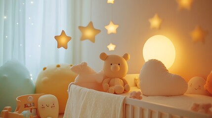 Cozy nursery decorated with soft lighting and celestial accents.