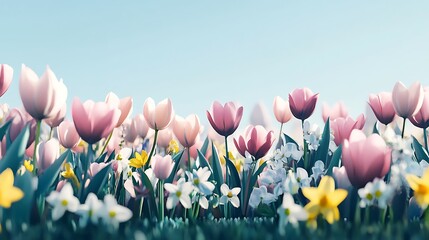 A springtime meadow bursting with various colorful flowers.