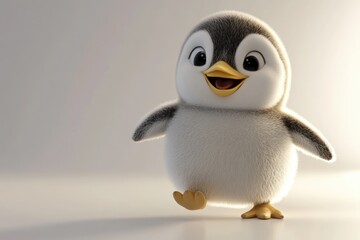 Fototapeta premium A charming 3D render showcases a delightful baby penguin with fluffy feathers, sparkling eyes, and a cheerful smile, set against a soft backdrop.