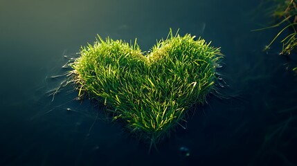 Heart-shaped patch of grass floating on water.