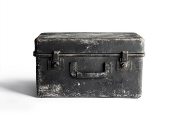 Fototapeta premium A weathered, black, rectangular metal toolbox sits isolated on a white background, showing signs of age and usage with wear and stains.