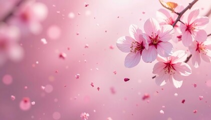 Delicate pink cherry blossoms, full bloom, soft pastel background, design, petals, texture