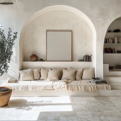 A white couch with pillows and a framed picture on it. There are several books on the couch and a potted plant in the background