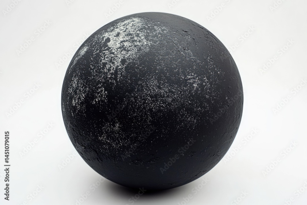 Poster a spherical object with a rough, textured black surface is isolated against a solid white background