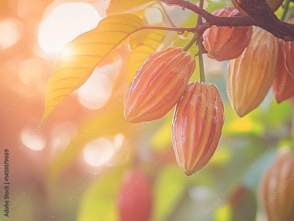 Poster cacao pods on branch with leaf and bokeh background