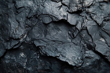 Close-up shot of dark, rough, and layered rock formations, exhibiting intricate textures and natural patterns in shades of black and gray.