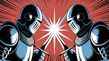 Epic clash of medieval knights in retro comic book style illustration