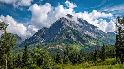 Obraz premium Majestic mountain peak shrouded in clouds rises above a lush green forest under a bright blue sky, showcasing the beauty of the natural landscape at its fi.