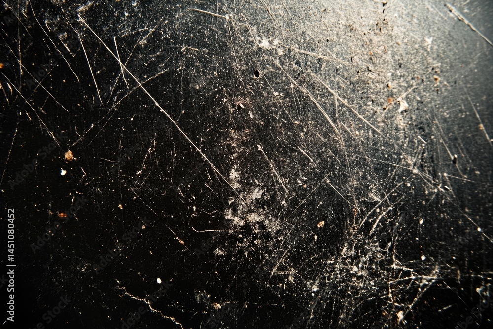 Poster high-contrast macro shot of a scratched, worn black surface with dust particles and shallow depth of