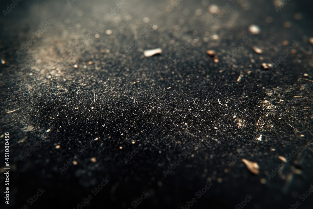 Poster a close-up of a weathered, dark surface sprinkled with dust and small debris, creating a textured an