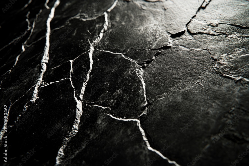 Poster a black, cracked surface reflects light, creating a stark contrast in texture and depth with its fra