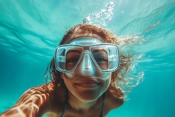 Naklejka premium Underwater Woman Snorkeling Dive Mask Ocean Girl Summer Teal Turquoise Blue Water Activities Happy Smiling Face Sea Beach Vacation Tropical Relaxation Underwater Photography Azure 