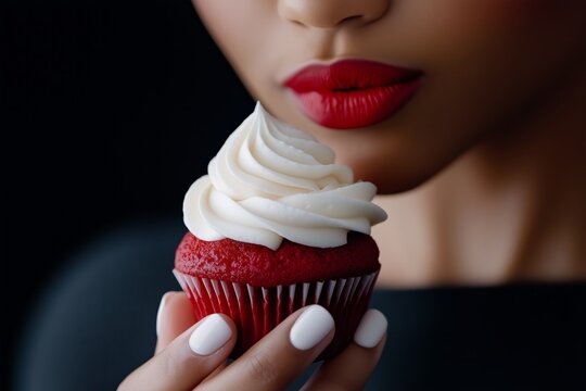Latin woman holds red cupcake with creamy swirl, lips glowing crimson under soft light, cupcake repeating cupcake warmth, sweetness, cupcake appeal, cupcake desire, and cupcake indulgence.