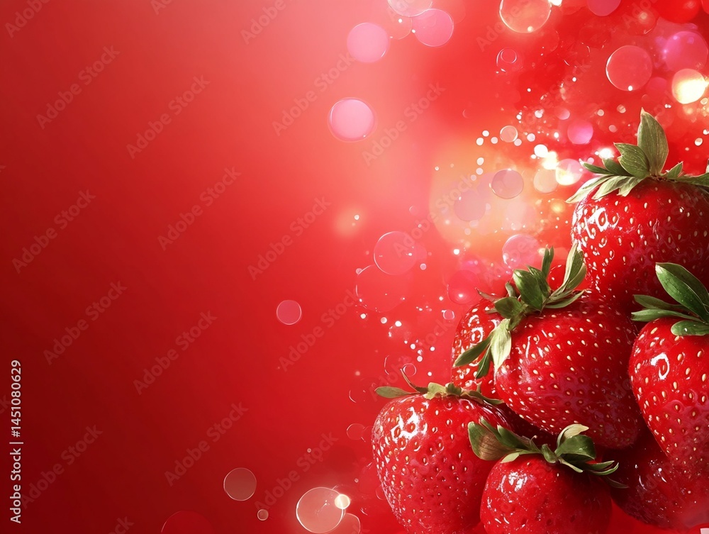 Poster cluster of strawberries on red background with bokeh