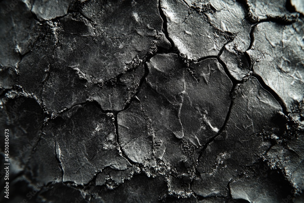 Poster close-up of charred surface with deep cracks, displaying dark tones and textures resembling cracked 
