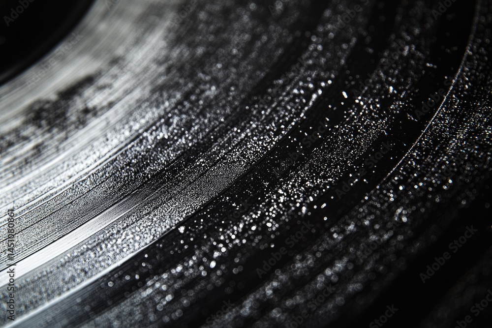 Poster macro shot of a black vinyl record with visible grooves and light reflecting off its surface, creati