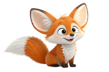 3D Cartoon cute fluffy fox character with large ears and bright eyes sitting happily, isolated on transparent background - generated by ai