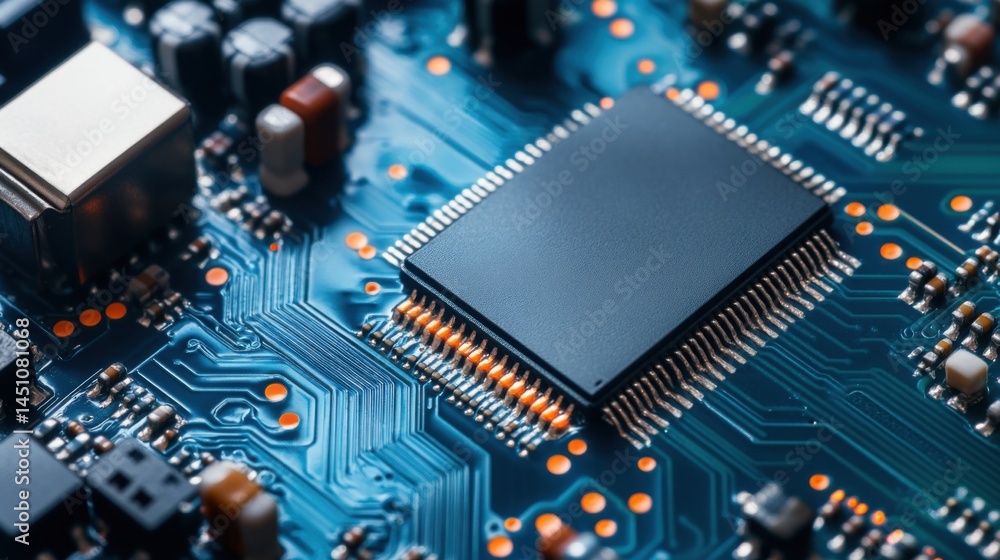 Poster close-up of microchip on circuit board with bright blue circuitry