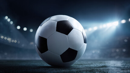 Naklejka premium A black and white soccer ball sits in the center of a stadium bathed in bright spotlights, creating a dramatic atmosphere for the upcoming match on the field.