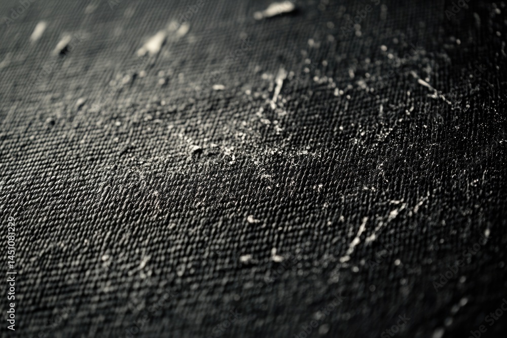 Poster a close-up shot of a dark textured surface with small white fragments scattered across it, creating 