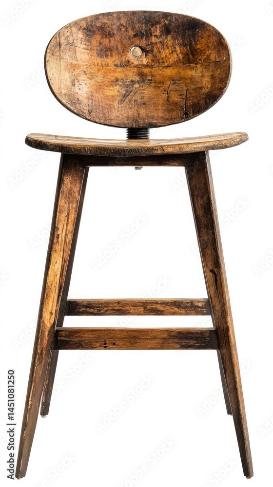 Poster isolated image of a weathered wooden stool on a white background featuring a circular backrest and a
