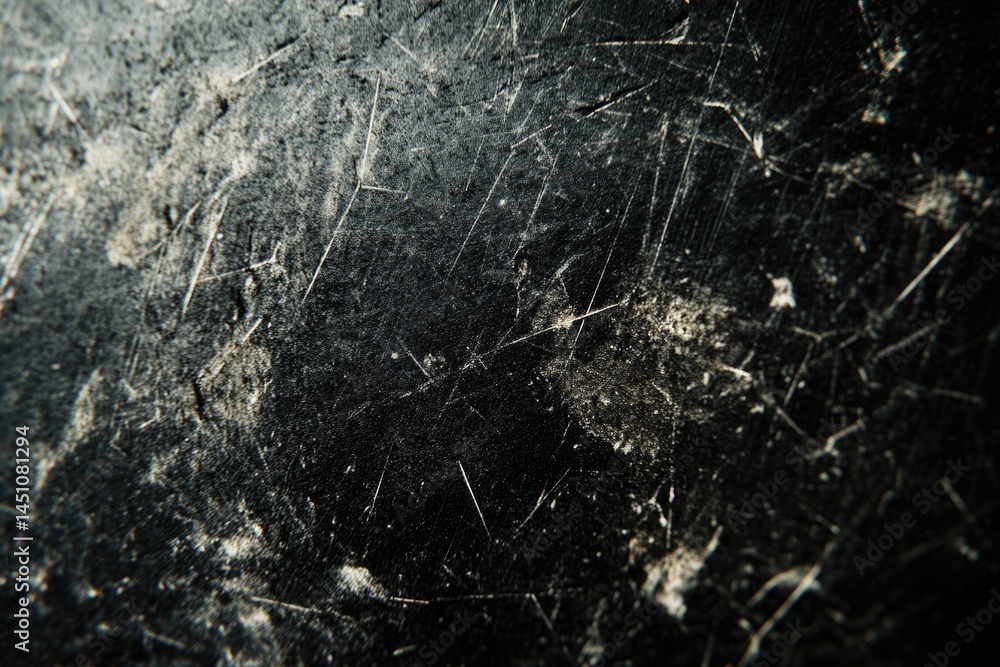 Aufkleber a high-contrast close-up of a scratched, weathered black surface with white marks and textures, crea