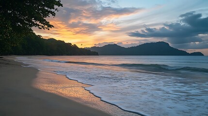 Golden sunset over a tropical beach shoreline.