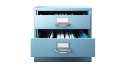 Close up of a light blue filing cabinet with two open drawers isolated on transparent background	