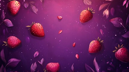Digital Illustration of Strawberries and Leaves on Purple Background