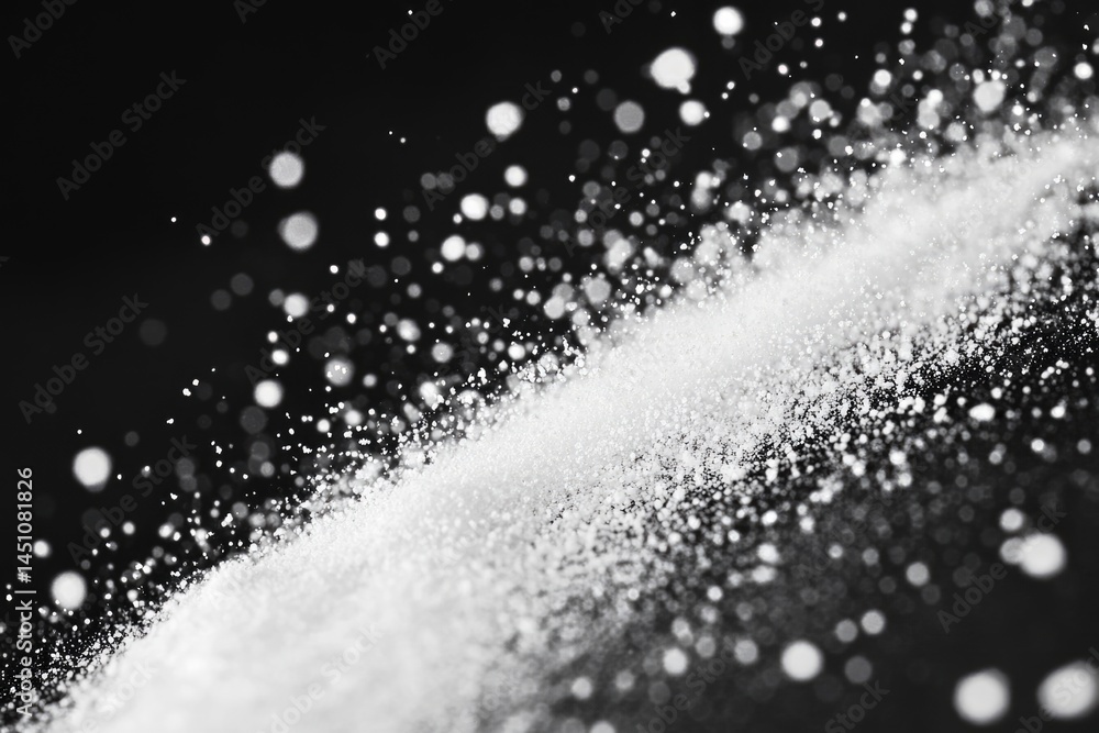 Poster a monochrome abstract image shows a scattering of white particles with bokeh effects against a deep 