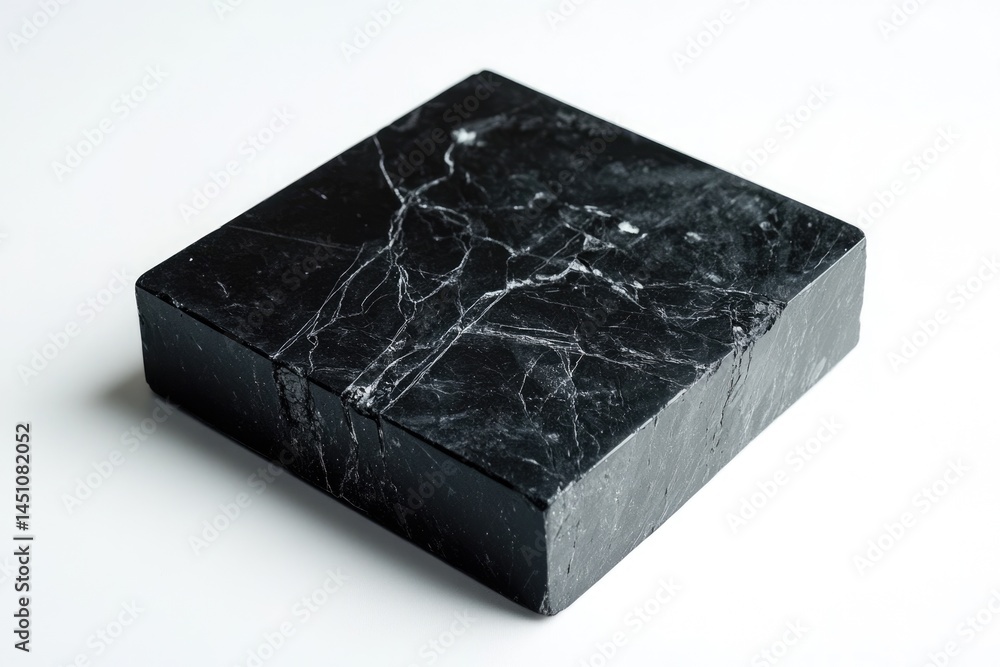 Poster elegant block of black marble with unique white vein patterns, positioned on a pristine white surfac