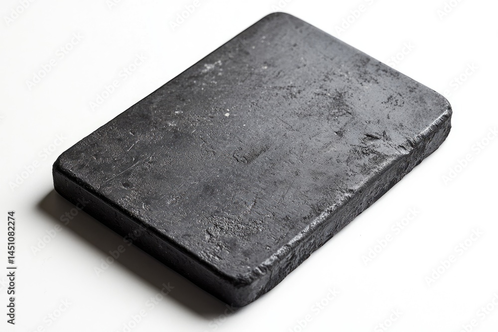 Aufkleber a dark, rectangular block with a rough surface sits on a plain white background, casting a shadow.