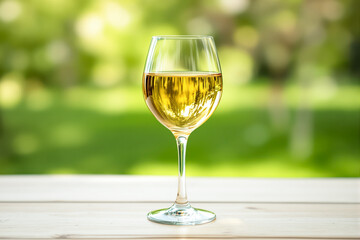 glass of golden beverage on wooden surface with blurred green background