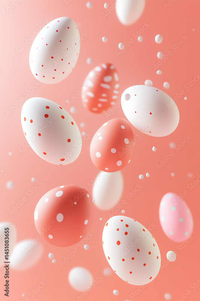 Poster colorful floating eggs with polka dots in a soft pink background, creating a festive atmosphere
