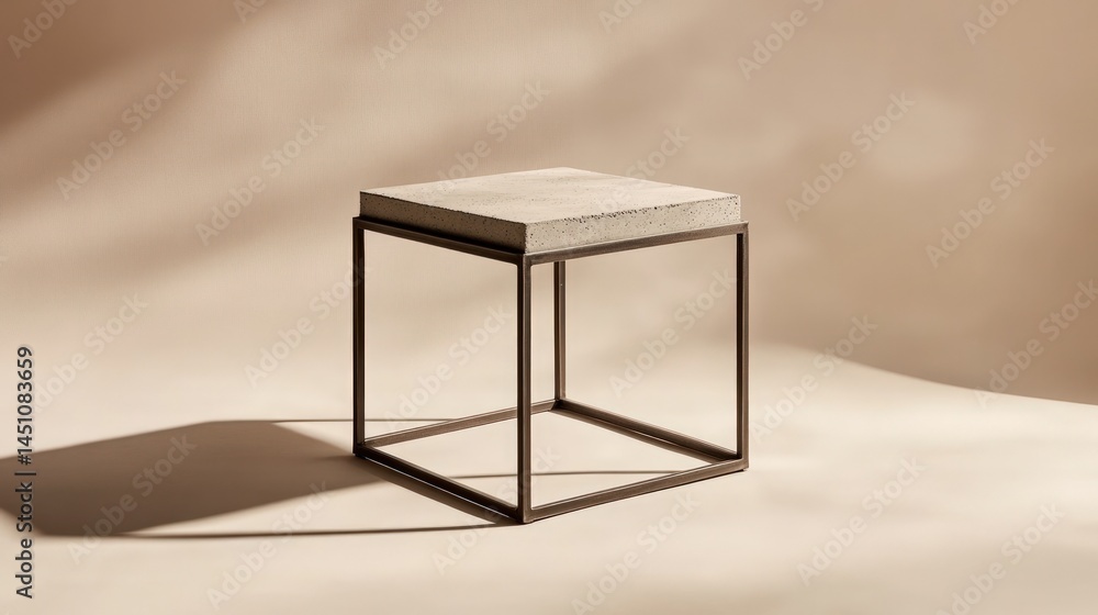 Poster modern minimalist side table with a top made of material and a metal frame casting long shadows on a