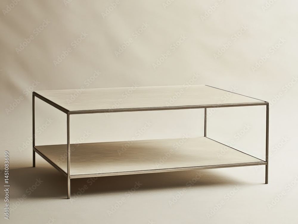 Aufkleber two-tiered shelf with a metallic frame stands against a soft beige background showcasing minimalist 