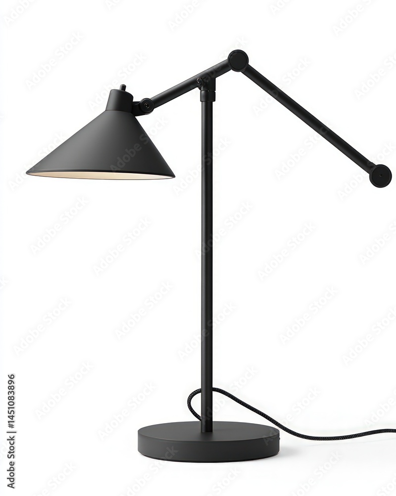 Poster modern black adjustable desk lamp on a white background. angled lamp with cone shade and extending a