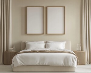 A white bed with two pillows and a white blanket. The bed is in a room with a white wall and a white curtain