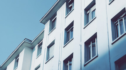 Obraz premium An angled view shows the facade of a white building with multiple against a clear, tranquil blue sky on a bright and sunny day in the city.