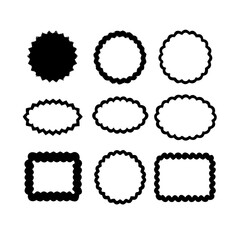 Zig zag wavy shape frames. Vector rectangular and round abstract clouds, flowers and text boxes. Scallop edge kids geometric stamps. Flat jagged oval shapes set. Groovy kids graphic wiggly backgrounds