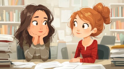 Two Women Collaborating in a Cozy Office Setting Surrounded by Books and Papers Ideal for Wor