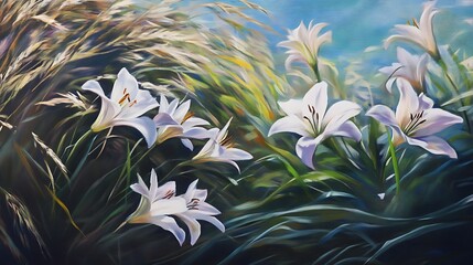 Beautiful lilies in a field of tall grass.