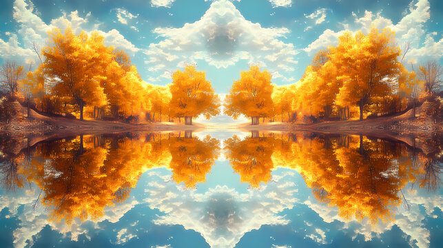 Golden autumn trees reflected in calm lake under a bright blue sky with fluffy clouds; ideal for nature calendar or postcard. [Fractal Eden] | Mirror Orchards | reflected trees. Illustration